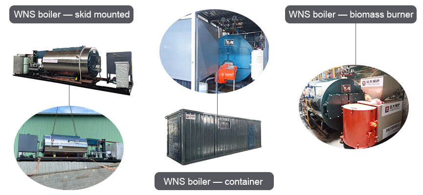 three types of WNS fire tube gas diesel steam boiler lists
